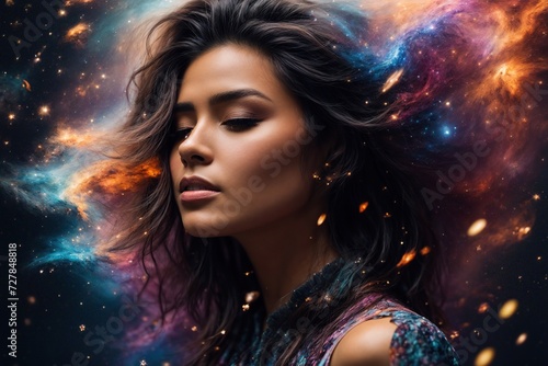 beautiful fantasy abstract portrait of a beautiful woman double exposure with a colorful digital paint splash or space nebula 