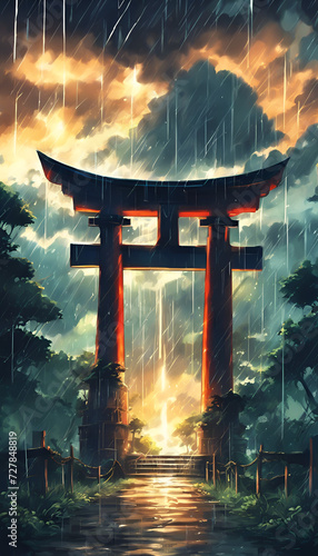Colorful Epic Rainy Torii Gate Japanese Landscape with Rain Forest and Lightning Strike Vertical Background Wallpaper