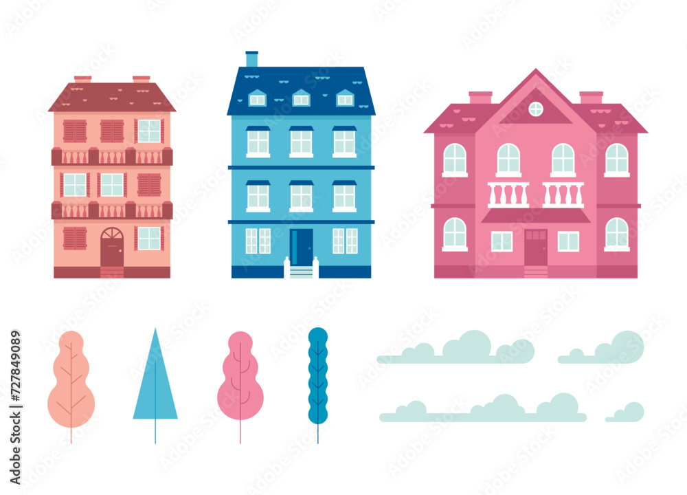 Fototapeta premium Houses, trees and clouds set. Vector illustration isolated on white background