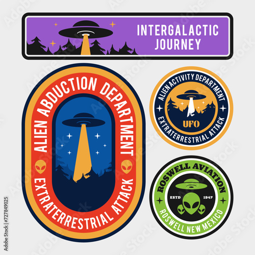 Aliens and ufo set of vector emblems, labels, badges or logos. Roswell incident. Retro ink style.