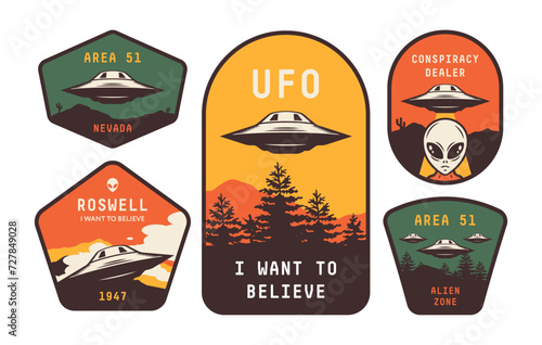 Aliens and ufo set of vector emblems, labels, badges or logos. Roswell incident. Retro ink style.