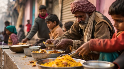 elderly hindu man and boy with carries cooked food distributed by volunteers  homeless children in the background