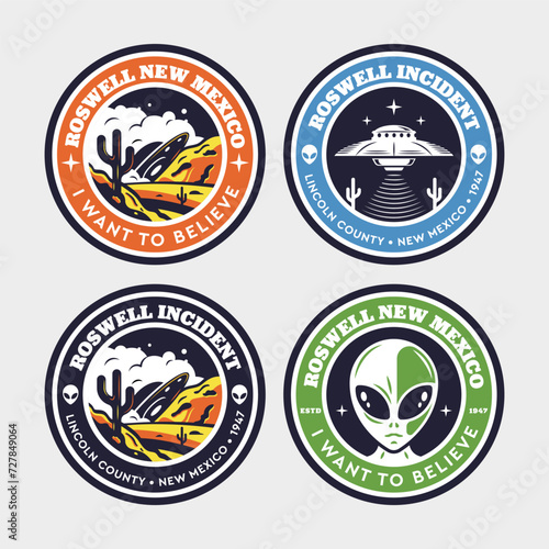 Aliens and ufo set of vector emblems, labels, badges or logos. Roswell incident. Retro ink style.