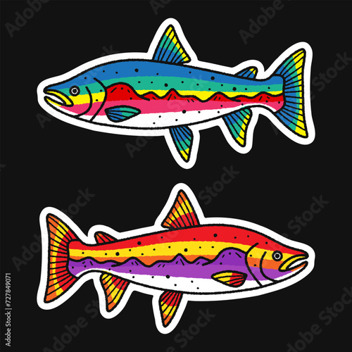 Salmon fish stickers. Hand-drawn stile. Vector illustration