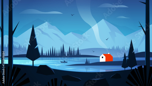 Vector illustration of a mountain landscape. Lake with mountains and forest. A small house on an island and a fishing boat. Scenery in the morning and evening.