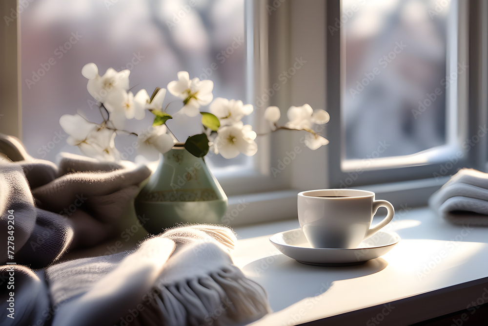Details of a still life in the living room of a home interior. White cup of coffee and scarf near a frozen window. Cozy spring winter concept. Playground AI platform Details of a still life in the living room of a home interior. White cup of coffee and scarf near a frozen window. Cozy spring winter concept. Playground AI platform