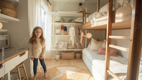 A little girl standing in a room next to a bunk.