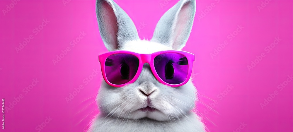 A confident rabbit strikes a pose in sunglasses against a vibrant backdrop.