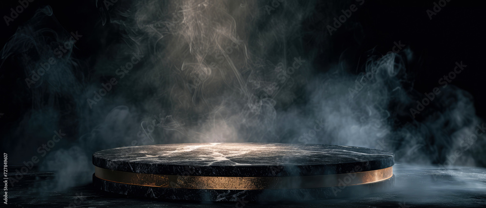 Stone platform, podium with gold shimmer texture, smoke, steam, lights, sparkles on dark background. Mock up with lights effect. Generative AI