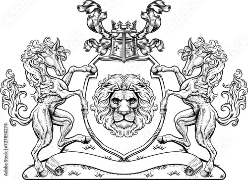 A crest coat of arms family shield seal featuring horses and lion