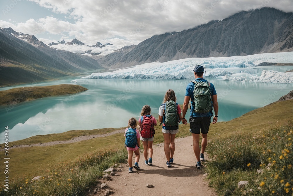 family with child hiking on holiday in with lake and glacier view