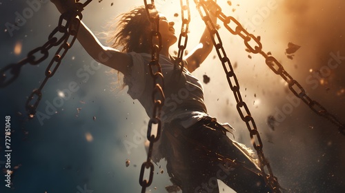 a woman is swinging on a chain in the air