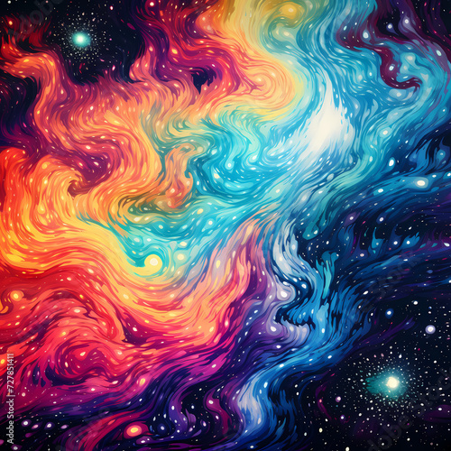 Psychedelic patterns merging into a cosmic galaxy.