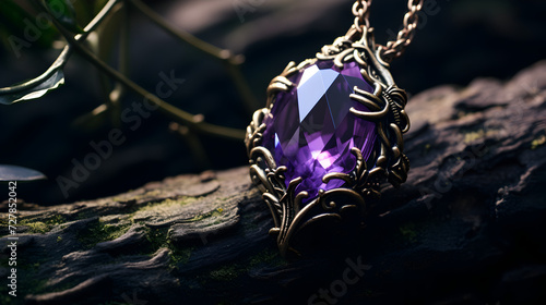 Jewelry pendant with gem amethyst on twig. Dark background.