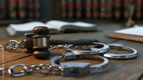 Handcuffs and wooden gavel on wooden table for Crime and legal business concept. AI generated image