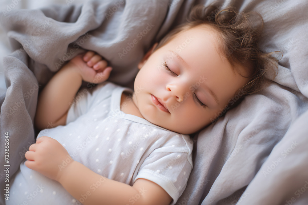 Closeup cute toddler baby sleeping on a cozy bed. Happy toddler child peaceful sleep on a comfortable bed at home. Sweet dreams. Adorable toddler naptime. Family love and tranquility. Closeup cute toddler baby sleeping on a cozy bed. Happy toddler child peaceful sleep on a comfortable bed at home. Sweet dreams. Adorable toddler naptime. Family love and tranquility.