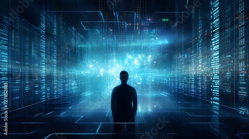 a man standing in front of a dark room filled with data