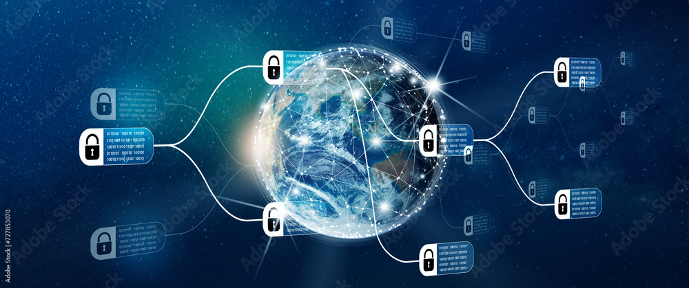 Network of encrypted chain of transaction block linked around planet ...