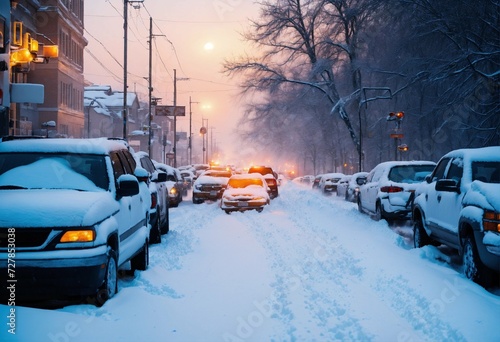 a traffic jam of abandoned cars stuck in deep snow in a blizzard in a city
