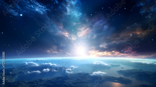 Landscape with Milky Way galaxy. Sunrise and Earth