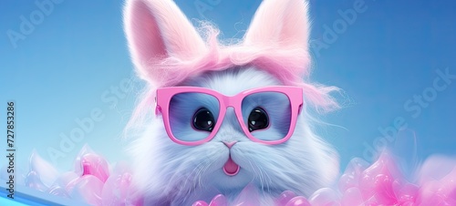 A confident rabbit strikes a pose in sunglasses against a vibrant backdrop.