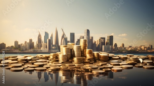 a pile of gold coins sitting in front of a city
