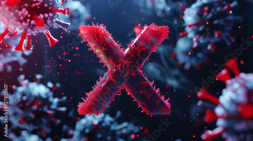 Close-up of a red virus particle marked with an X, Viral Danger, threat from Disease X a newly discovered virus impending epidemic
