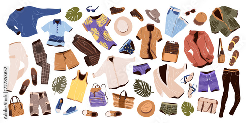 Clothes set in casual style for men. Fashion trendy clothing, accessories, underwear, shoes, hats for spring, summer and vacation. isolated flat vector illustrations on white background. photo