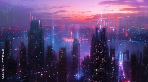 A mesmerizing holographic cityscape at dusk.