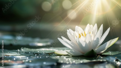 Elegant blooming white lotus flower on floating water with empty space. AI generated image