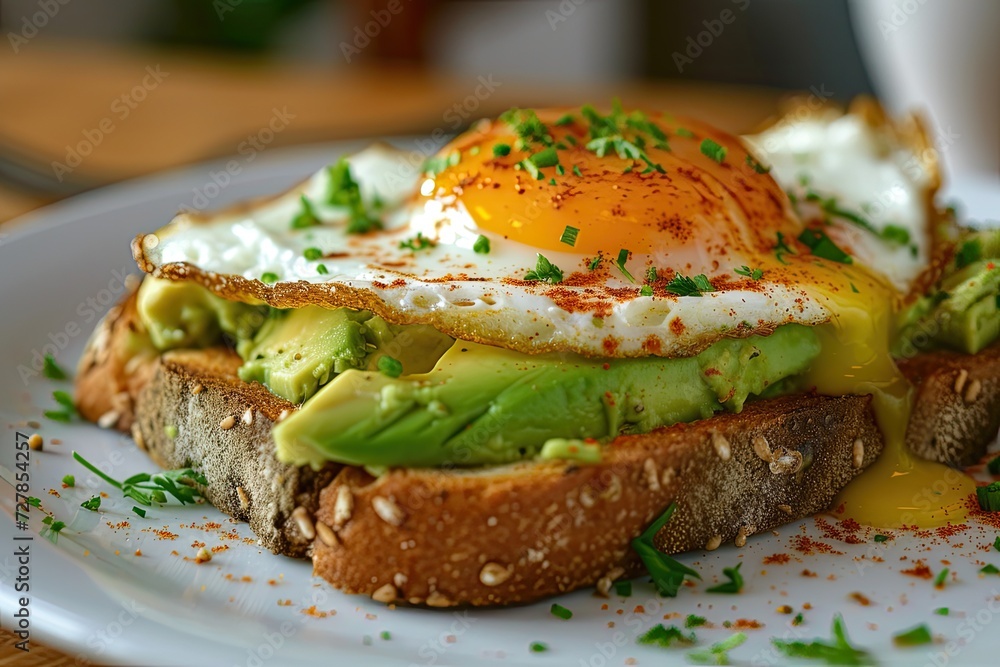 A close-up of a gourmet avocado toast topped with a perfectly fried egg Healthy Breakfast. Egg and Avocado Toast A close-up of a gourmet avocado toast topped with a perfectly fried egg Healthy Breakfast. Egg and Avocado Toast