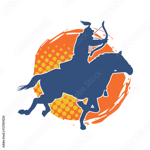 Silhouette of an ancient cavalry soldier aiming with archery weapon. Silhouette of an archer on his running horse.