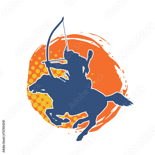 Silhouette of an ancient cavalry soldier aiming with archery weapon. Silhouette of an archer on his running horse.