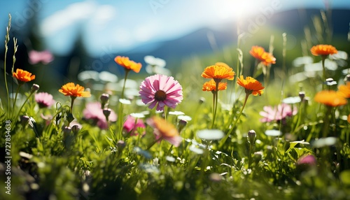 field of flowers with sun shining during spring time. Flower meadow full of colorful flowers. Meadow with flowers. Purple flower. Orange flower. White flower © Divid