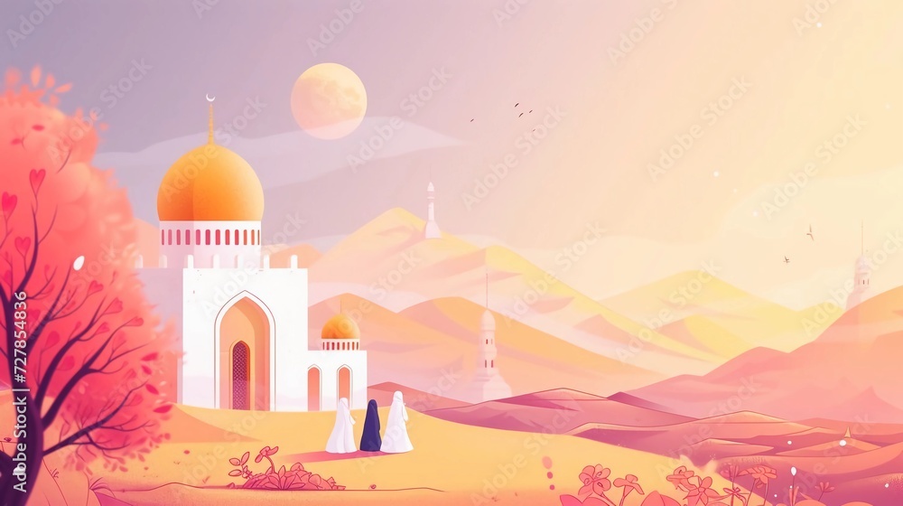 Islamic design illustration concept for Eid al-Adha celebration event or sacrifice for web landing page, banner, presentation, poster, advertisement, promotion or print media