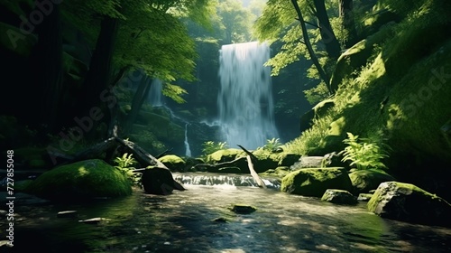 View of waterfall in deep forest. waterfall view in nature. Waterfall landscape in forest. waterfall view in spring. Nature landscape in forest. sun rays falling into the forest