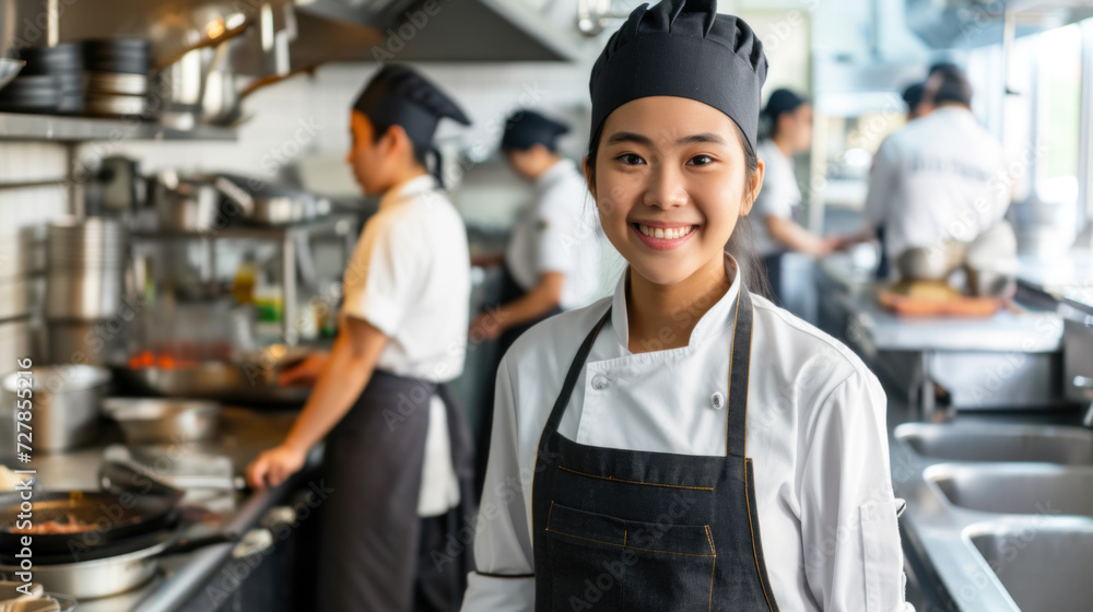 Young Asian female cook in professional restaurant kitchen, team of cooks in the background
