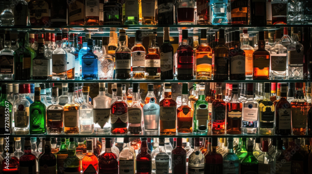 A lot of different bottles sitting on bar shelf