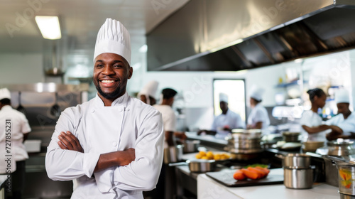 Smiling cheerful African American chef in professional kitchen