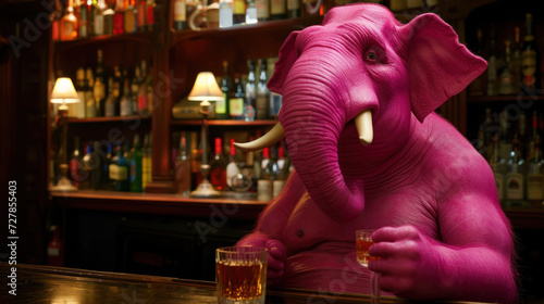 Pink elephant drinking liquor in restaurant - excessive, drinking, alcoholism concept photo