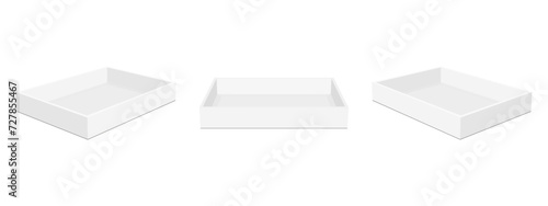 Empty Rectangular Tray Boxes Mockups, Front And Side View, Isolated On White Background. Vector Illustration