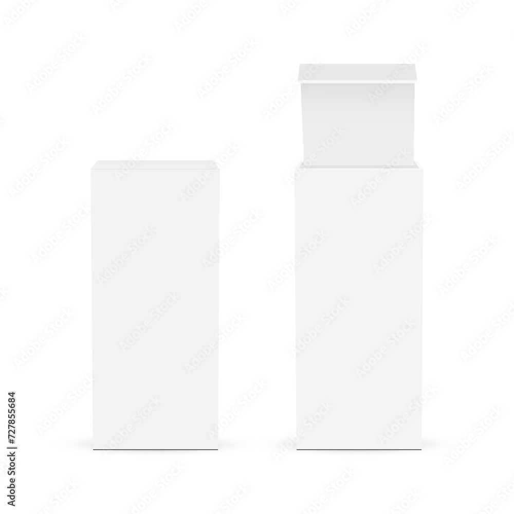 Blank Tall Paper Rectangular Packaging Boxes, Opened And Closed Lid, Front View, Isolated On White Background. Vector Illustration Blank Tall Paper Rectangular Packaging Boxes, Opened And Closed Lid, Front View, Isolated On White Background. Vector Illustration