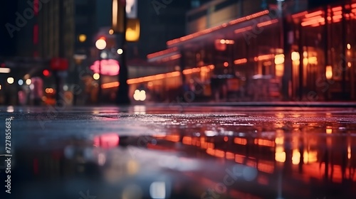 a city street at night with lights reflecting in the wet pavement