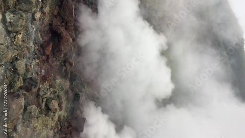 View on geyser field at the foot of the Mutnovsky volcano (popularly known as the Lesser Valley of Geysers) in cloudy summer day in Kamchatka, Russia. Real time handheld vertical video.