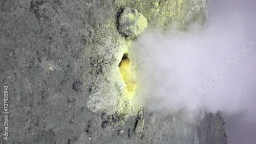 Close-up view of hot fume going up from yellow fumarole in Mutnovsky volcano crater in Kamchatka, Russia. Real time handheld vertical video. Volcanic activity theme. photo