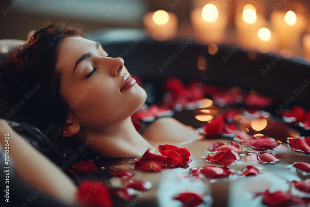 Obraz premium Close-up of a beautiful, sensual woman relaxing in a black tub with red rose petals floating on it. Valentine's Day pleasure