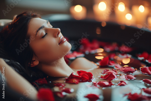 Close-up of a beautiful, sensual woman relaxing in a black tub with red rose petals floating on it. Valentine's Day pleasure photo