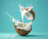 coconut milk splash, Creamy Coconut Delight: Coconut and Milk on blue Background
