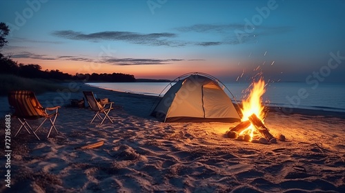 Relaxing camping on shore. Camping tents and campfires at dusk on the beach