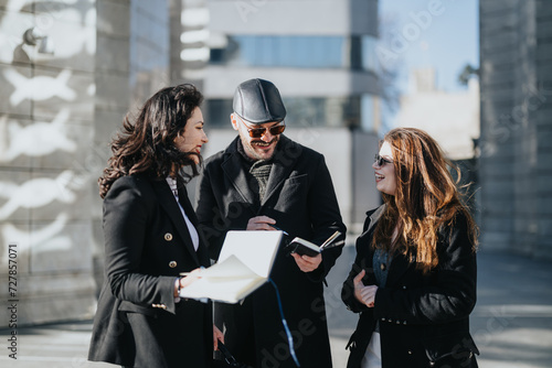 A dynamic trio of young entrepreneurs engage in discussion outdoors  brainstorming ideas with documents in hand  embodying teamwork and collaboration.